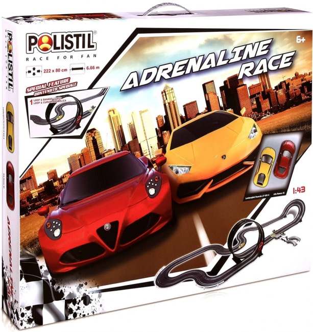 Autodráha 1:43 Polistil 6,66m Adrenaline Race 2ks sportovních aut s ovladači v krabičce