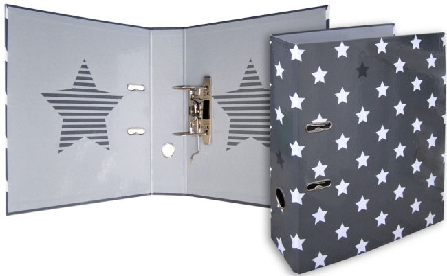 Designový pákový pořadač A4 7cm karton motiv Stars (šedý - bílé hvězdy)