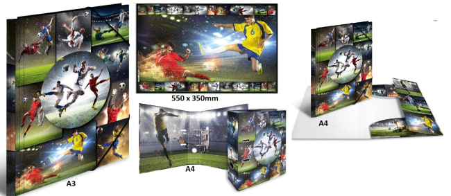 Designový set 4ks motiv fotbal (desky s gumou A3+A4,podložka, pořadač pákový A4