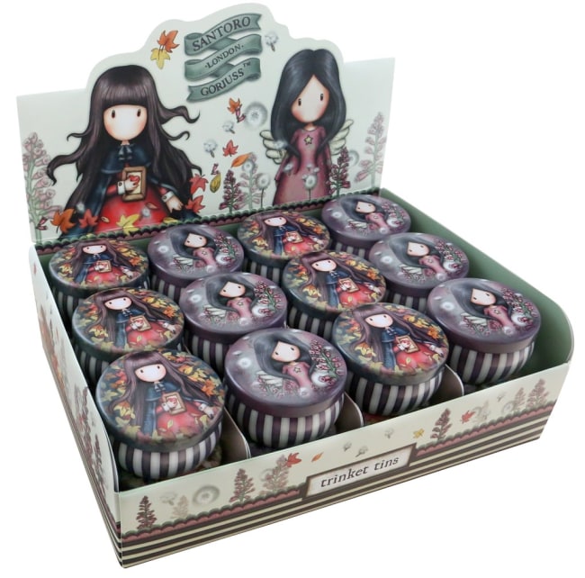 Plechové krabičky Santoro malé, průměr 6 cm, výška 4 cm - display 24ks = 12 x 2 designs