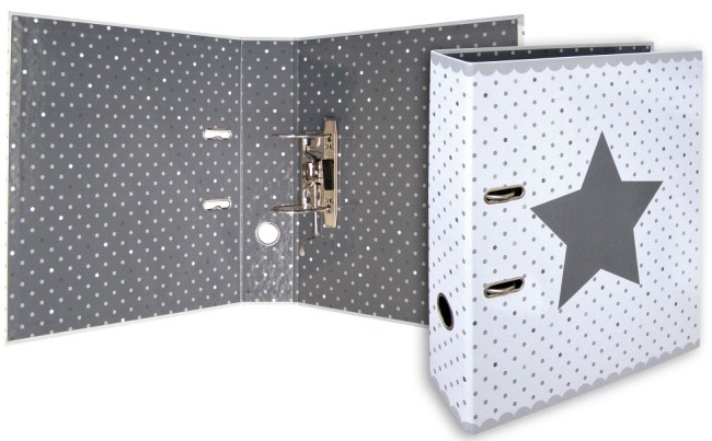 Designový pákový pořadač A4 7cm karton motiv Stars (bílý - hvězda a puntíky)