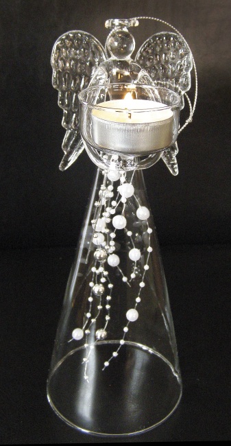 Anděl čirý s bílými skleněnými perlami na čajovou svíčku, výška 25cm