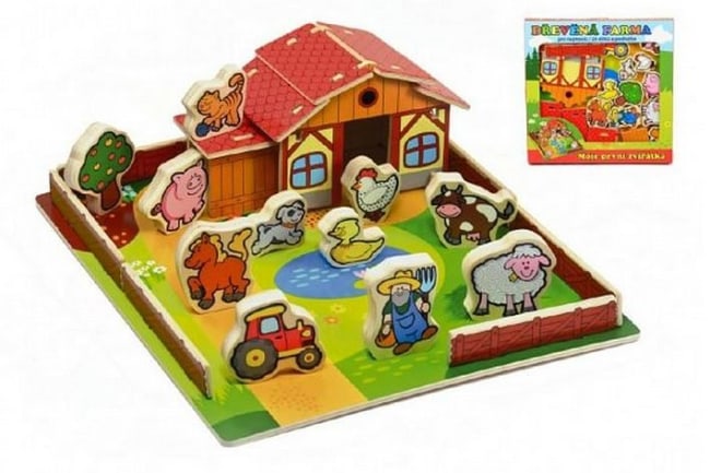 Domeček dřevěná farma Moje první zvířátka 31x31cm 28ks+podložka v krabici