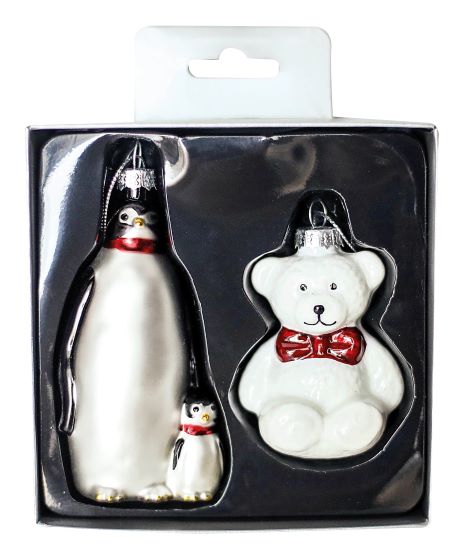 Skleněné figurky na stromeček, tučňák a medvídek