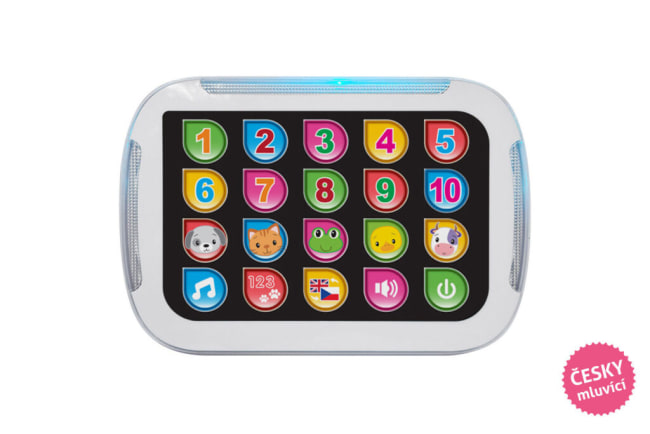 Tablet vzdělávací 19 x13cm na baterie česky a anglicky mluvící se světlem 12m+v krabičce