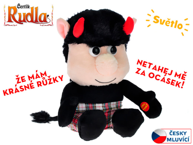 Čertík Rudla plyšový 20cm sedící na baterie česky mluvící svítící rohy 0m+ v sáčku