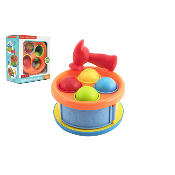 Zatloukačka/Bubínek 17cm 2v1 plast s kladívkem s míčky 4ks 2 barvy v krabici 18x20x10cm 12
