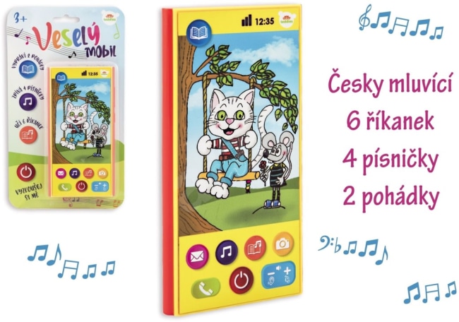 Veselý Mobil Telefon plast česky mluvící 7,5x15cm na baterie se zvukem na kartě