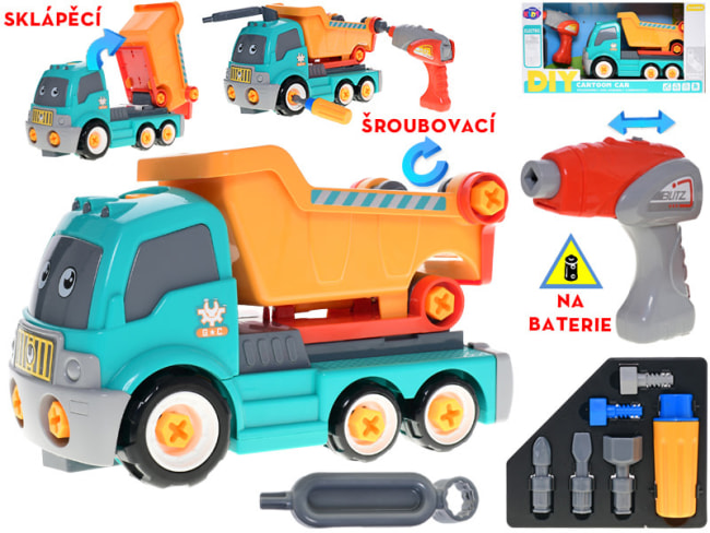 Auto sklápěčka 28cm šroubovací s vrtačkou na baterie a doplňky v krabičce
