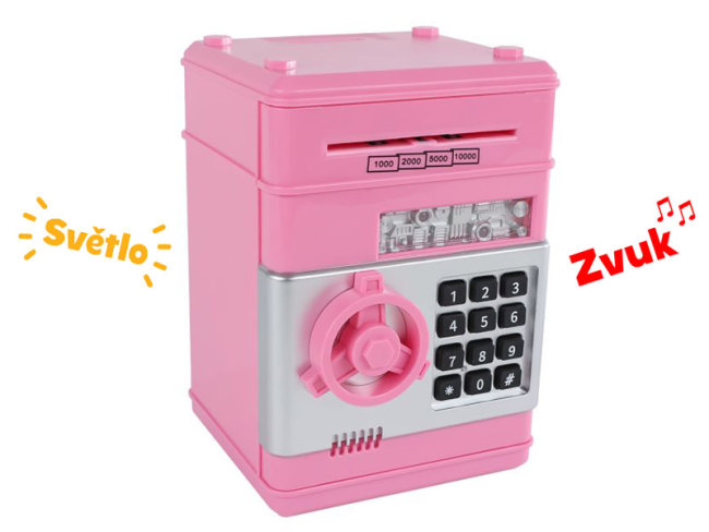 Trezor s odemykáním na kód na baterie se světlem a zvukem a s pěnezi - 19,5 cm, růžový