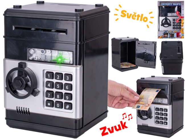 Trezor s odemykáním na kód na baterie se světlem a zvukem a penězi - 19,5cm, černý